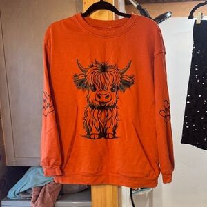 Orange Sweatshirt with Highland Cow Print